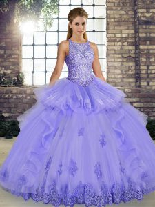 Scoop Sleeveless Lace Up Quinceanera Gown Lavender Tulle