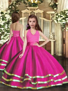 Fuchsia Lace Up Little Girls Pageant Dress Ruffled Layers Sleeveless Floor Length