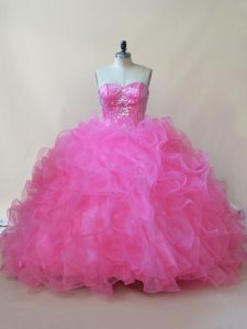 Floor Length Hot Pink Sweet 16 Quinceanera Dress Tulle Sleeveless Beading and Ruffles