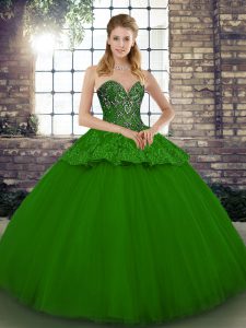 Green Sweetheart Lace Up Beading and Appliques Quince Ball Gowns Sleeveless