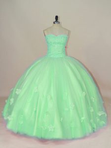 Hot Sale Sleeveless Floor Length Hand Made Flower Lace Up Ball Gown Prom Dress with Green