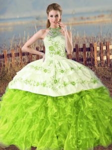 High End Floor Length Vestidos de Quinceanera Organza Court Train Sleeveless Embroidery and Ruffles