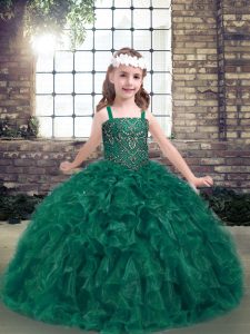 Sleeveless Floor Length Beading and Ruffles Lace Up Pageant Gowns For Girls with Dark Green