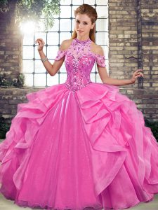 Most Popular Rose Pink Quinceanera Dress Military Ball and Sweet 16 and Quinceanera with Beading and Ruffles Halter Top Sleeveless Lace Up