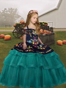 Perfect Tulle Spaghetti Straps Sleeveless Lace Up Embroidery and Ruffled Layers Little Girl Pageant Gowns in Teal