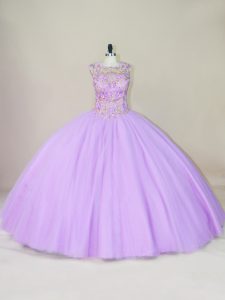 Suitable Scoop Sleeveless Tulle Quinceanera Gown Beading Lace Up