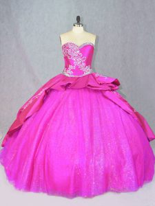 Nice Ball Gowns Sleeveless Hot Pink Quinceanera Dress Court Train Lace Up