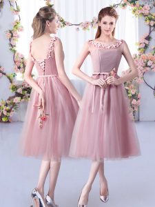 Tea Length Lace Up Damas Dress Pink for Wedding Party with Appliques and Belt