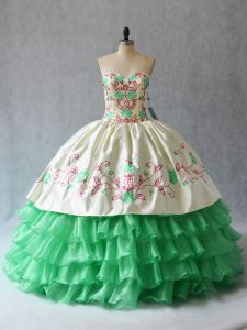 Shining Embroidery and Ruffled Layers Quinceanera Gown Apple Green Lace Up Sleeveless Floor Length