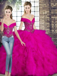 Off The Shoulder Sleeveless Lace Up Quinceanera Gown Fuchsia Tulle