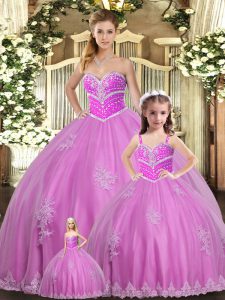 Best Sleeveless Tulle Floor Length Lace Up Quinceanera Dress in Lilac with Beading and Appliques