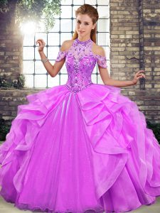 High Class Lilac Sleeveless Organza Lace Up Sweet 16 Dress for Military Ball and Sweet 16 and Quinceanera