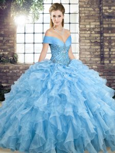 Blue Ball Gowns Organza Off The Shoulder Sleeveless Beading and Ruffles Lace Up Sweet 16 Quinceanera Dress Brush Train