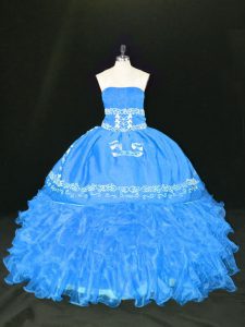 Adorable Blue Strapless Lace Up Embroidery and Ruffles 15th Birthday Dress Sleeveless