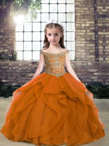 Orange Organza and Tulle Lace Up Kids Formal Wear Sleeveless Floor Length Beading