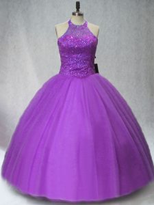 Purple Ball Gowns Beading Quinceanera Gown Lace Up Tulle Sleeveless Floor Length