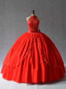 High End Red Sleeveless Floor Length Appliques Lace Up Quince Ball Gowns