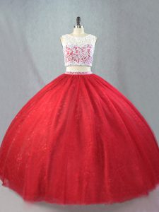 Red Scoop Zipper Beading and Appliques Sweet 16 Quinceanera Dress Sleeveless