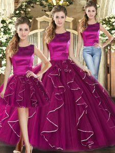 Fuchsia Three Pieces Scoop Sleeveless Tulle Floor Length Lace Up Ruffles Sweet 16 Dresses