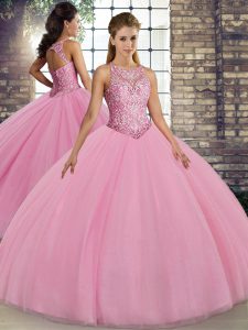 Floor Length Ball Gowns Sleeveless Pink Quinceanera Dresses Lace Up