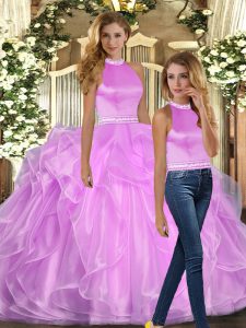 New Style Lilac Backless Quince Ball Gowns Beading and Ruffles Sleeveless Floor Length