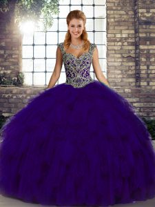 Straps Sleeveless Sweet 16 Dress Floor Length Beading and Ruffles Purple Organza