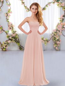 Best Sleeveless Chiffon Floor Length Lace Up Dama Dress for Quinceanera in Pink with Ruching