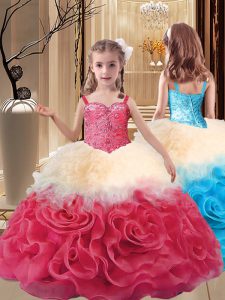 Best Multi-color Ball Gowns Beading Child Pageant Dress Lace Up Fabric With Rolling Flowers Sleeveless Floor Length