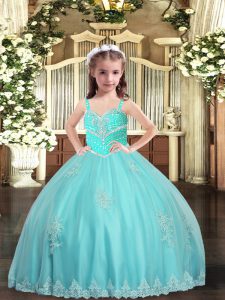 Perfect Aqua Blue Lace Up Straps Appliques Little Girls Pageant Dress Wholesale Tulle Sleeveless