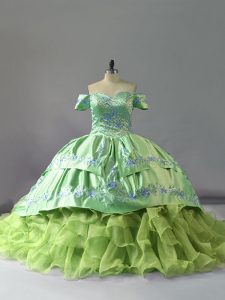 New Style Sleeveless Chapel Train Lace Up Embroidery and Ruffles Sweet 16 Dress