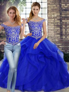 Cute Tulle Off The Shoulder Sleeveless Brush Train Lace Up Beading and Ruffles Vestidos de Quinceanera in Royal Blue