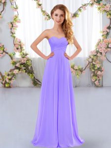 Sweet Sleeveless Chiffon Floor Length Lace Up Court Dresses for Sweet 16 in Lavender with Ruching