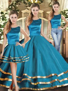 Traditional Scoop Sleeveless 15th Birthday Dress Floor Length Ruffled Layers Teal Tulle