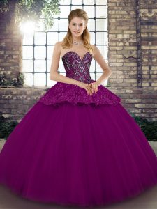 Fuchsia Lace Up Sweetheart Beading and Appliques Quinceanera Dresses Tulle Sleeveless