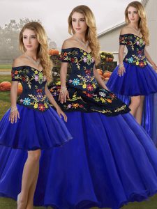 Royal Blue Ball Gowns Embroidery Sweet 16 Quinceanera Dress Lace Up Tulle Sleeveless Floor Length