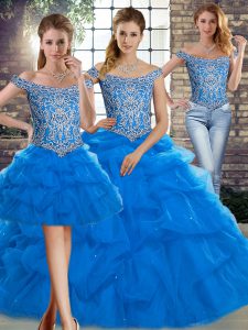 Beading and Pick Ups Ball Gown Prom Dress Blue Lace Up Sleeveless Brush Train