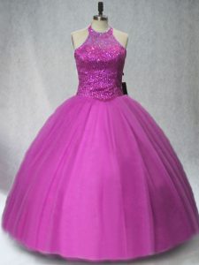 Custom Designed Halter Top Sleeveless Tulle Sweet 16 Dress Beading Lace Up