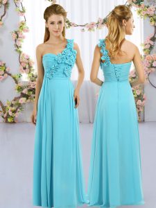 Aqua Blue Damas Dress Wedding Party with Hand Made Flower One Shoulder Sleeveless Lace Up