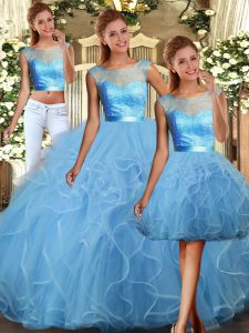 Baby Blue Backless Scoop Lace and Ruffles Quince Ball Gowns Tulle Sleeveless