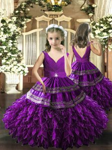 Perfect V-neck Sleeveless Little Girls Pageant Gowns Floor Length Beading and Appliques and Ruffles and Ruching Eggplant Purple Organza