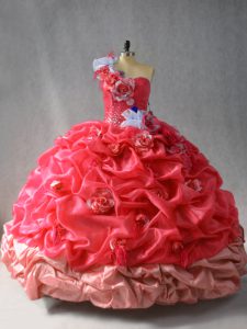 Coral Red Organza Lace Up One Shoulder Sleeveless Floor Length Sweet 16 Quinceanera Dress Pick Ups and Hand Made Flower