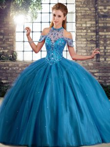 Admirable Blue Ball Gown Prom Dress Tulle Brush Train Sleeveless Beading