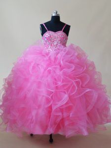 Rose Pink Lace Up Spaghetti Straps Beading and Ruffles Little Girls Pageant Dress Tulle Sleeveless