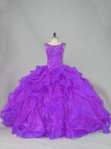 Purple Organza Lace Up Scoop Sleeveless Quinceanera Dress Brush Train Beading and Ruffles