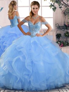 Smart Ball Gowns Ball Gown Prom Dress Blue Off The Shoulder Tulle Sleeveless Floor Length Lace Up