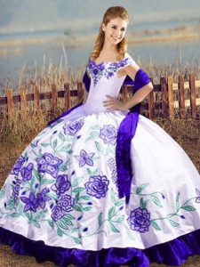 Dramatic White And Purple Sleeveless Floor Length Embroidery and Ruffles Lace Up Sweet 16 Dresses