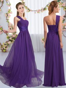 Purple One Shoulder Neckline Ruching Quinceanera Court of Honor Dress Sleeveless Lace Up