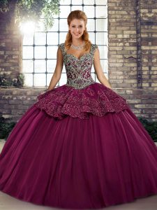 Hot Sale Fuchsia Straps Lace Up Beading and Appliques 15th Birthday Dress Sleeveless