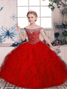 Red Off The Shoulder Neckline Beading and Ruffles Little Girl Pageant Dress Sleeveless Lace Up