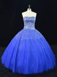 Most Popular Strapless Sleeveless Quinceanera Gown Floor Length Beading Royal Blue Tulle